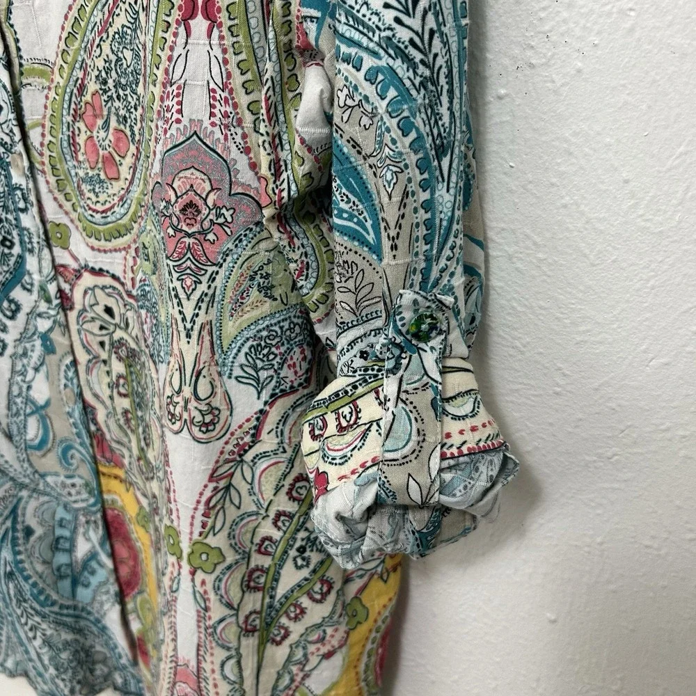 Sharon Young Top Sz M Blue‎ Colorful Artsy Abstract Floral Long Sleeve Button Up - Picture 8 of 12